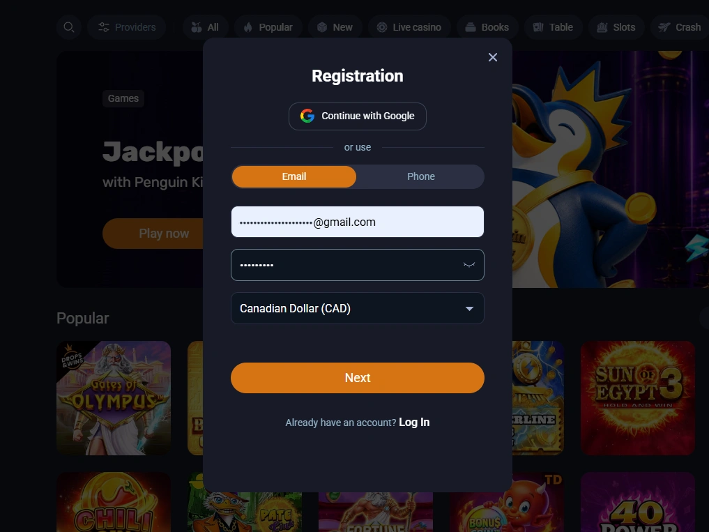Registration form showing Google option, email tab selected, CAD currency and Next button.