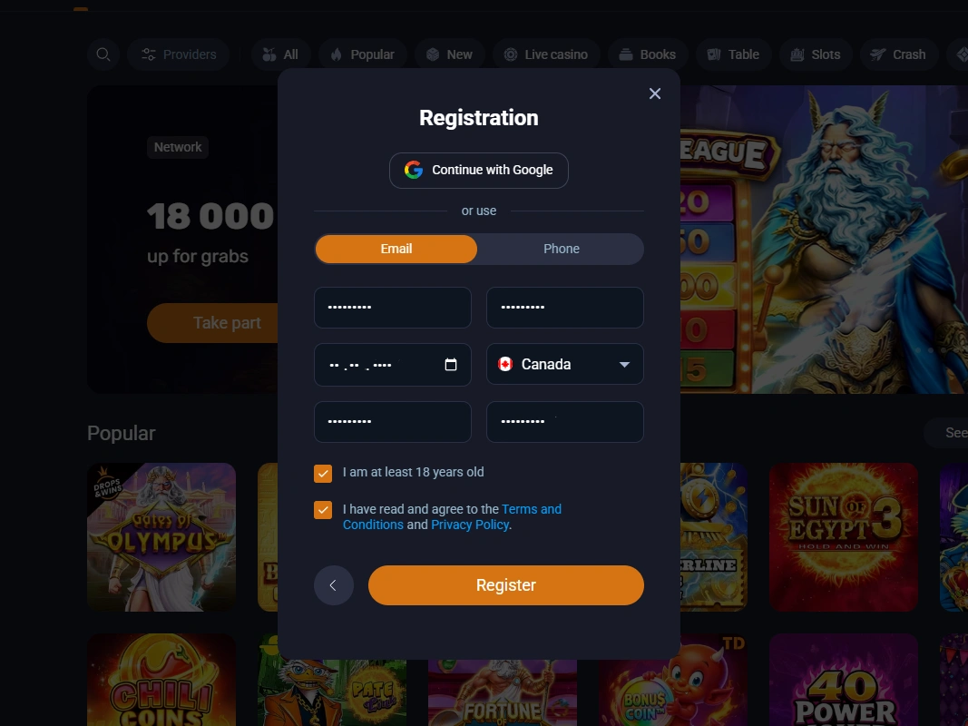 Registration form with completed fields, Canada selected, age and terms checkboxes, Register button visible.